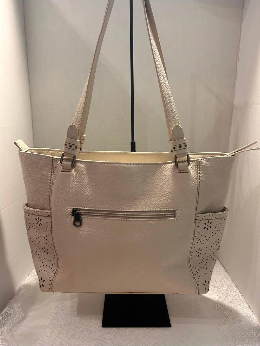 The Sak Sequoia pebbled Leather Tote Bag – Cream Perforated Floral Medallion
